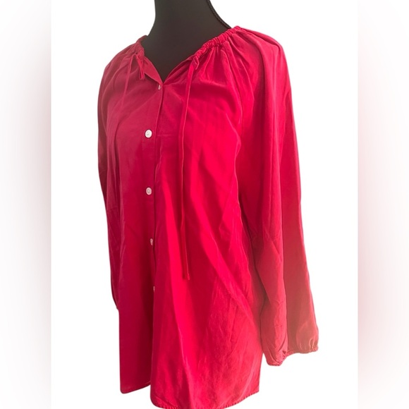 NWT Everlane Women's Red Fuchsia Tie Collar Silk Feel Blouse Size Medium - Picture 6 of 9